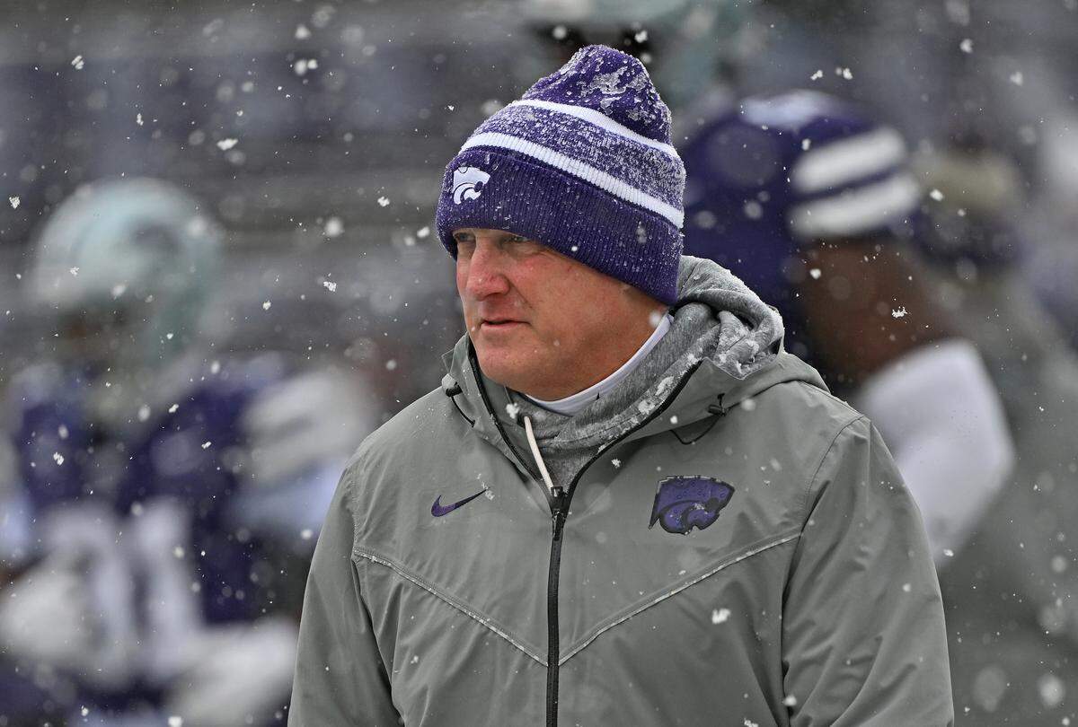 K-State coach Chris Klieman looks on before a game against the Colorado Buffaloes at Bill Snyder Family Football Stadium on Nov. 29, 2025 in Manhattan, Kansas.