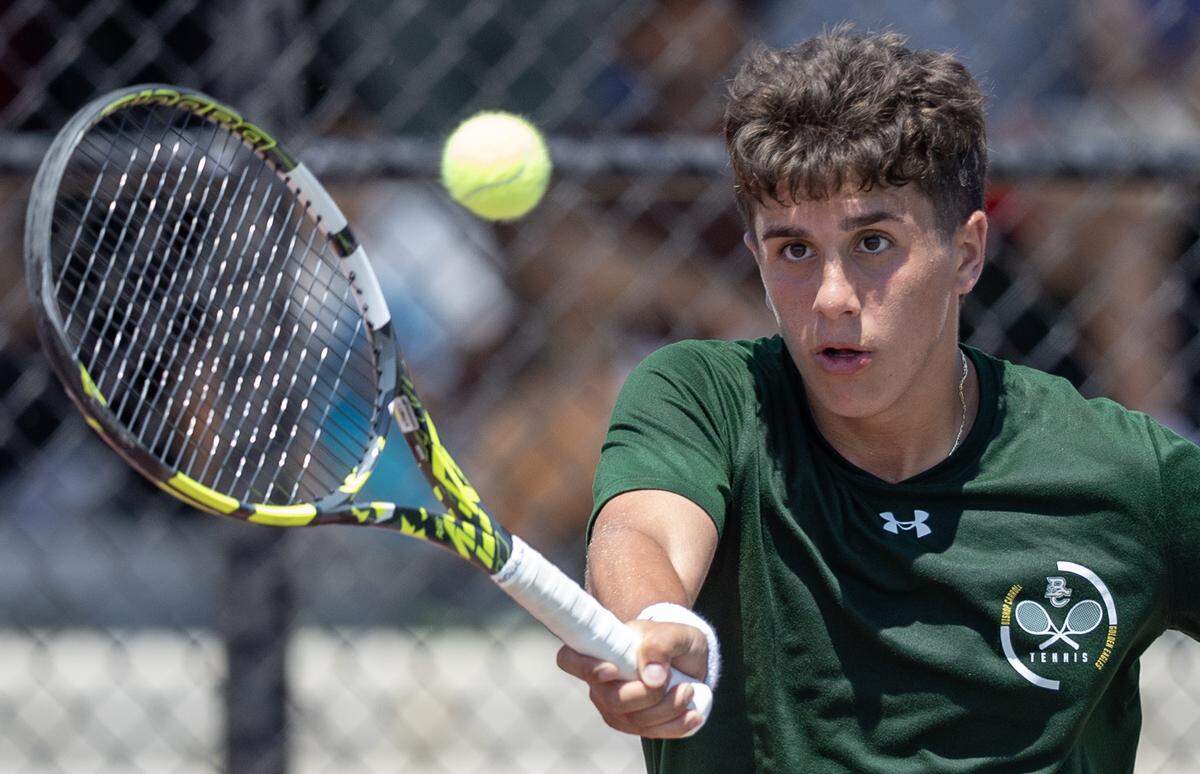 Brandon Steven won the 5A singles tennis title over Maize South’s Evan Goates on Saturday at the Andover tennis complex.
