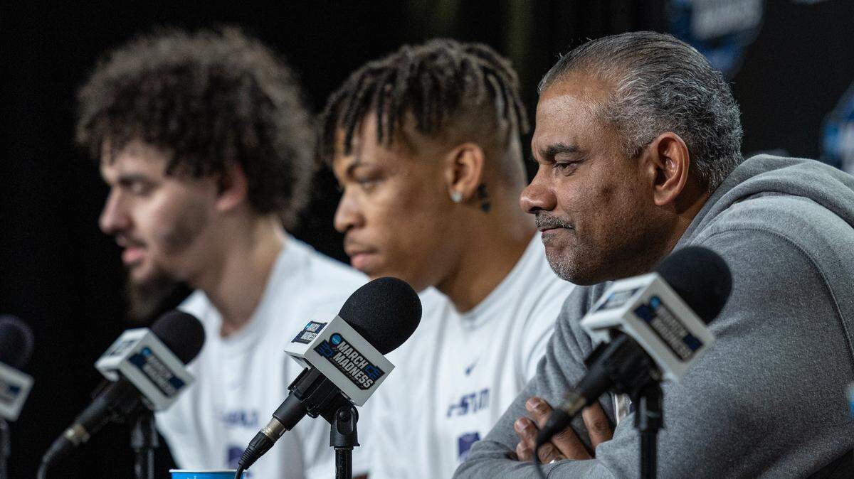 Kansas State coach Jerome Tang, along with players Keyontae Johnson, middle, and Ismael Massoud, take part in a media interview at Madison Square Garden on Friday. The Wildcats will face Florida Atlantic on Saturday for a spot in the Final Four.