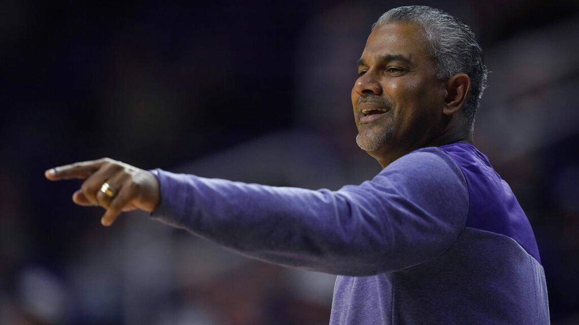 Kansas State head coach Jerome Tang talks to his players during the second half of an NCAA college basketball game against Abilene Christian Tuesday, Dec. 6, 2022, in Manhattan, Kan. Kansas State won 81-64. (AP Photo/Charlie Riedel)