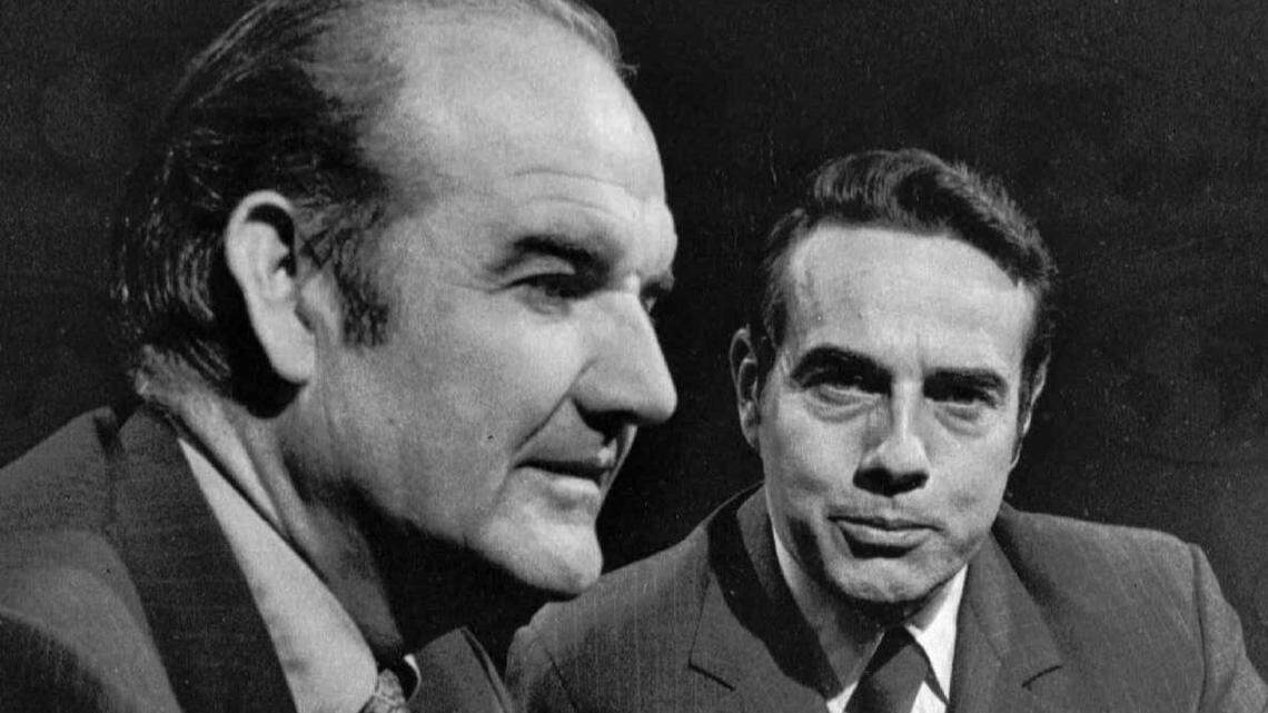 Former longtime Sens. George McGovern of South Dakota, a liberal Democrat, at left, and Bob Dole of Kansas, a conservative Republican, set aside deep political differences to collaborate on a food program that exports U.S. agriculture commodities to help impoverished children around the world.