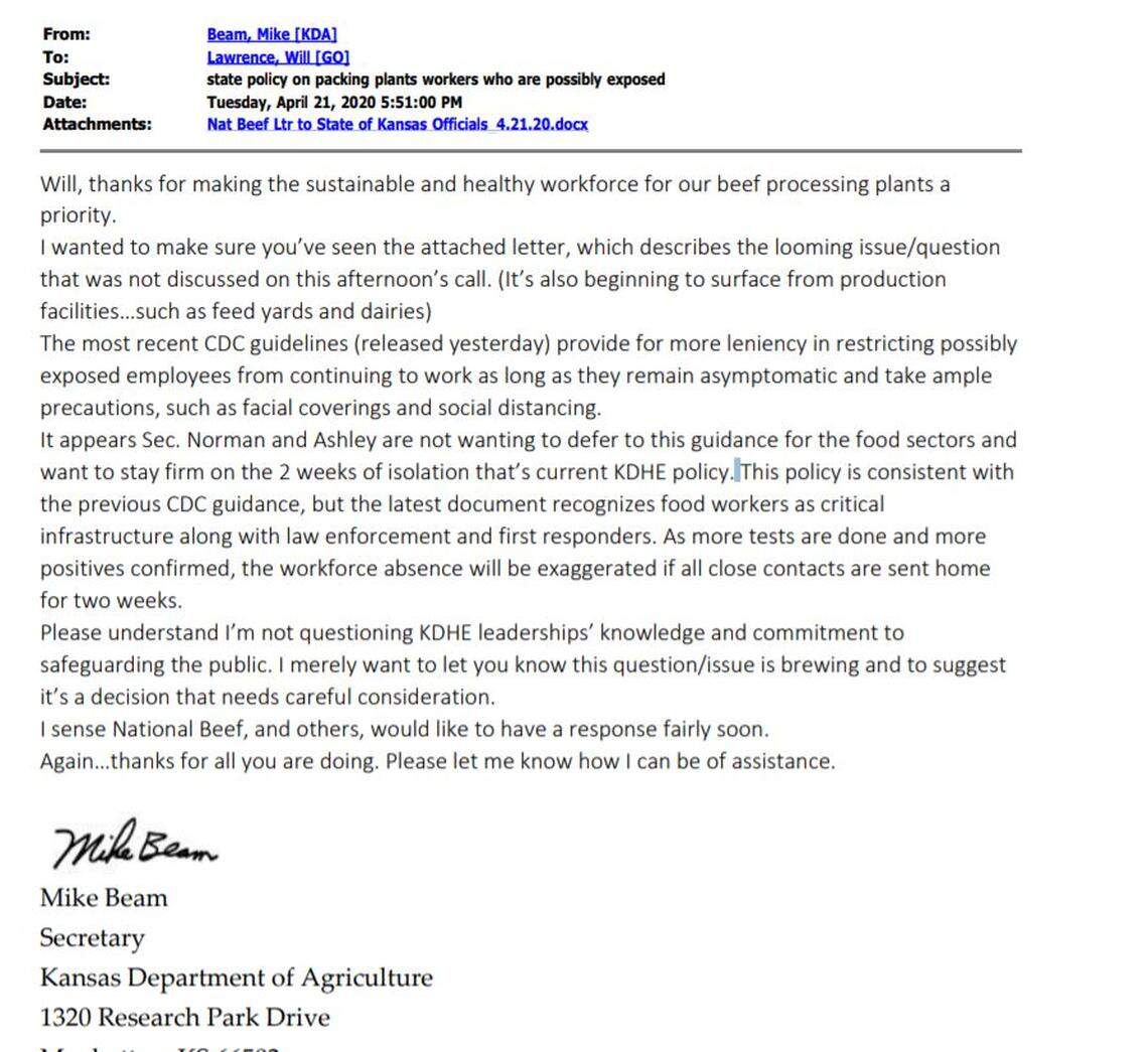 An email from Kansas Secretary of Agriculture Mike Beam to Gov. Laura Kelly chief of staff Will Lawrence.
