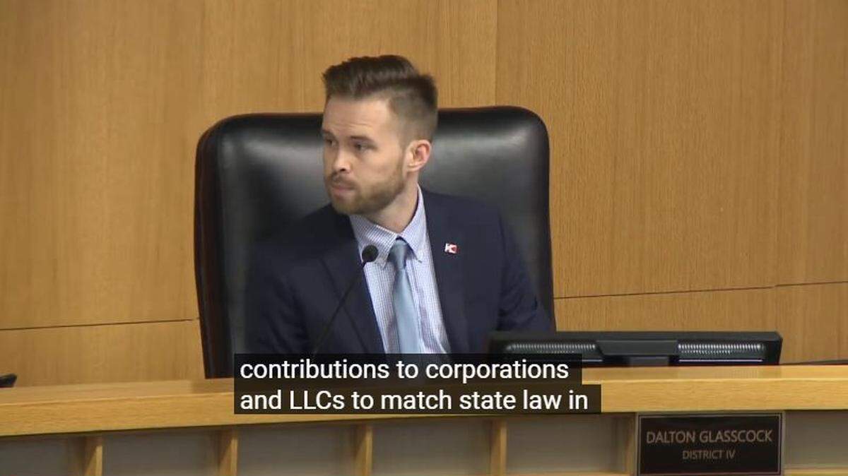 At his first meeting, Wichita City Council member Dalton Glasscock proposed to reverse an action from the previous week that banned businesses from contributing to council campaigns.