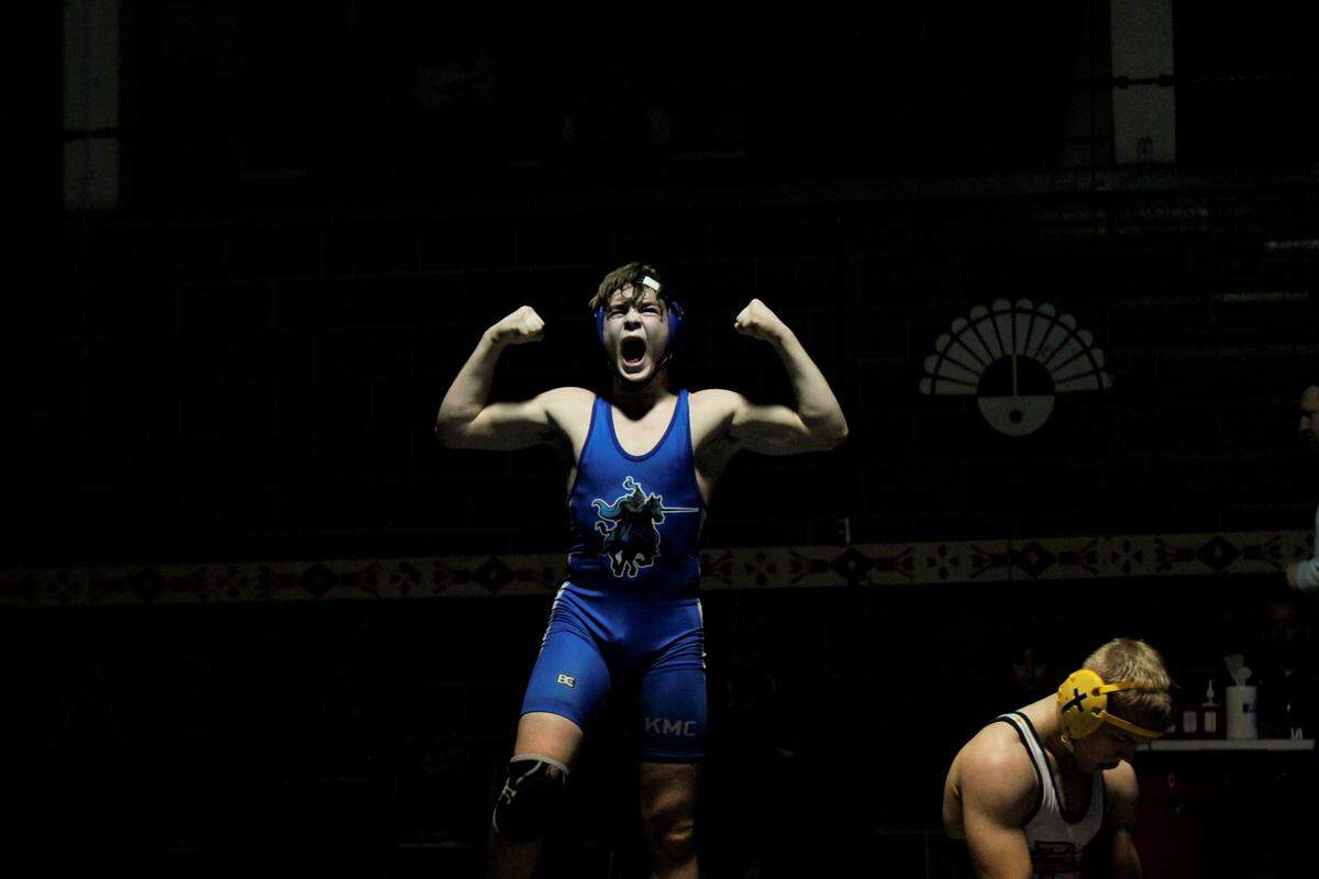 Kapaun senior Brecken Phipps celebrates after winning his third City League championship Saturday night. (Feb. 9, 2019)