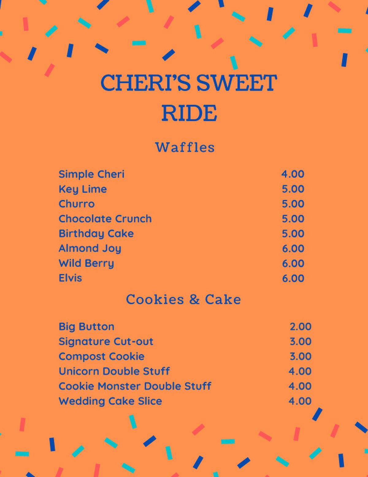 Cheri’s Sweet Ride menu for opening night