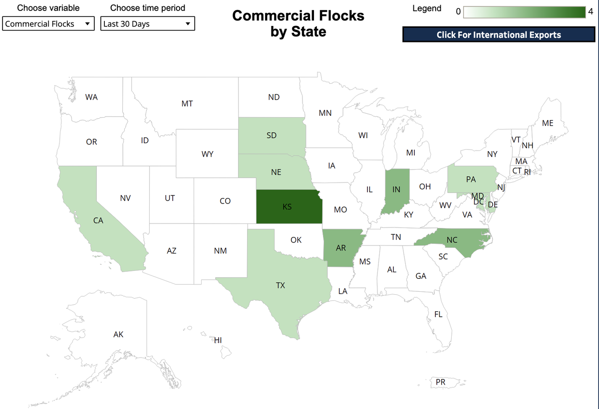 This U.S. Department of Agriculture map highlights the cases of avian influenza reported in commercial flocks throughout the country. Kansas is the only state to rank at the severe end of the scale.