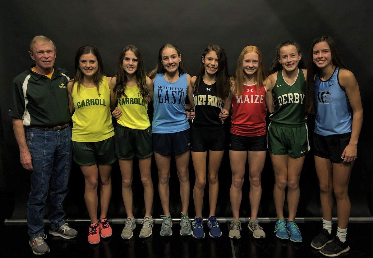 2018 All-Metro Girls Cross Country Team: Ran Nielsen, Bishop Carroll; Claire Winter, Bishop Carroll; Hope Jackson, Bishop Carroll; Eva McKinzie, Wichita East; Alexa Rios, Maize South; Zoie Ecord, Maize; Vivian Kalb, Derby; Kennedy Nicholson, Eisenhower.