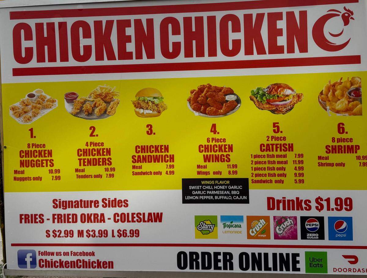 The menu posted outside of the new Chicken Chicken at 13th and Mosley