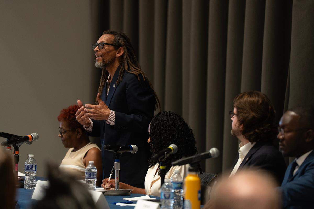 Wichita City Council candidate Darryl Carrington answers a question during a District 1 candidate forum at Wichita State University. The forum was sponsored by the Wichita Journalism Collaborative.