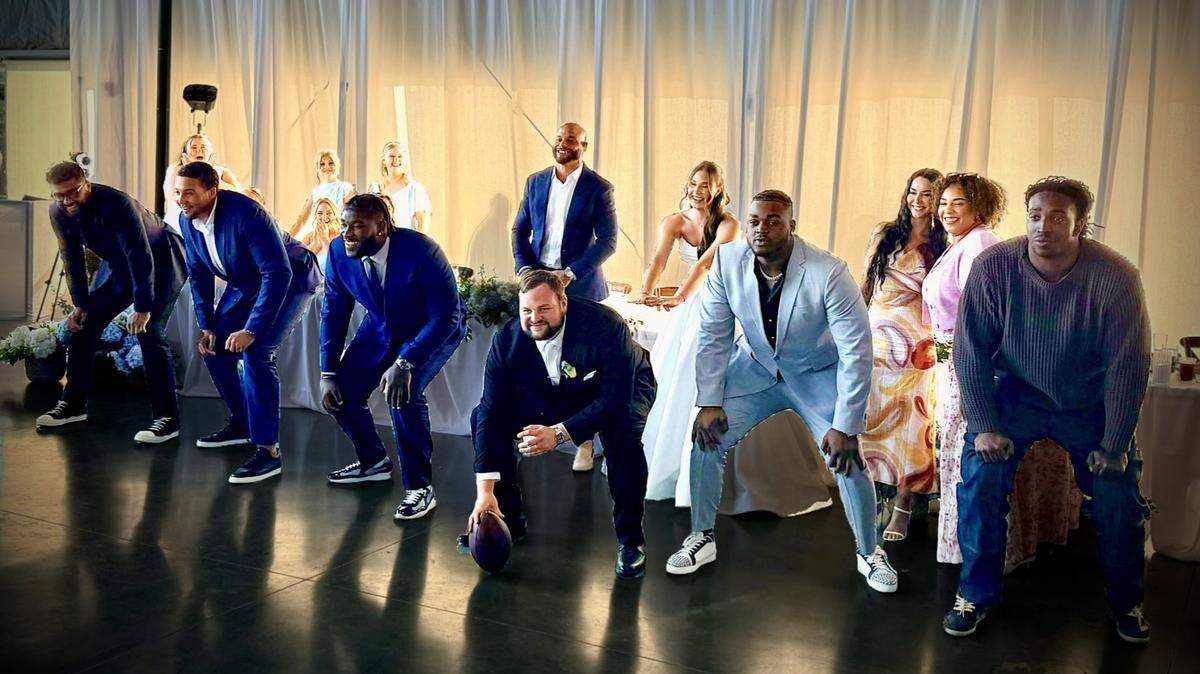 Former Kansas State offensive lineman Cooper Beebe lines up with Dak Prescott and the Dallas Cowboys offensive line at his wedding to BrayLynn Anshutz in Manhattan.
