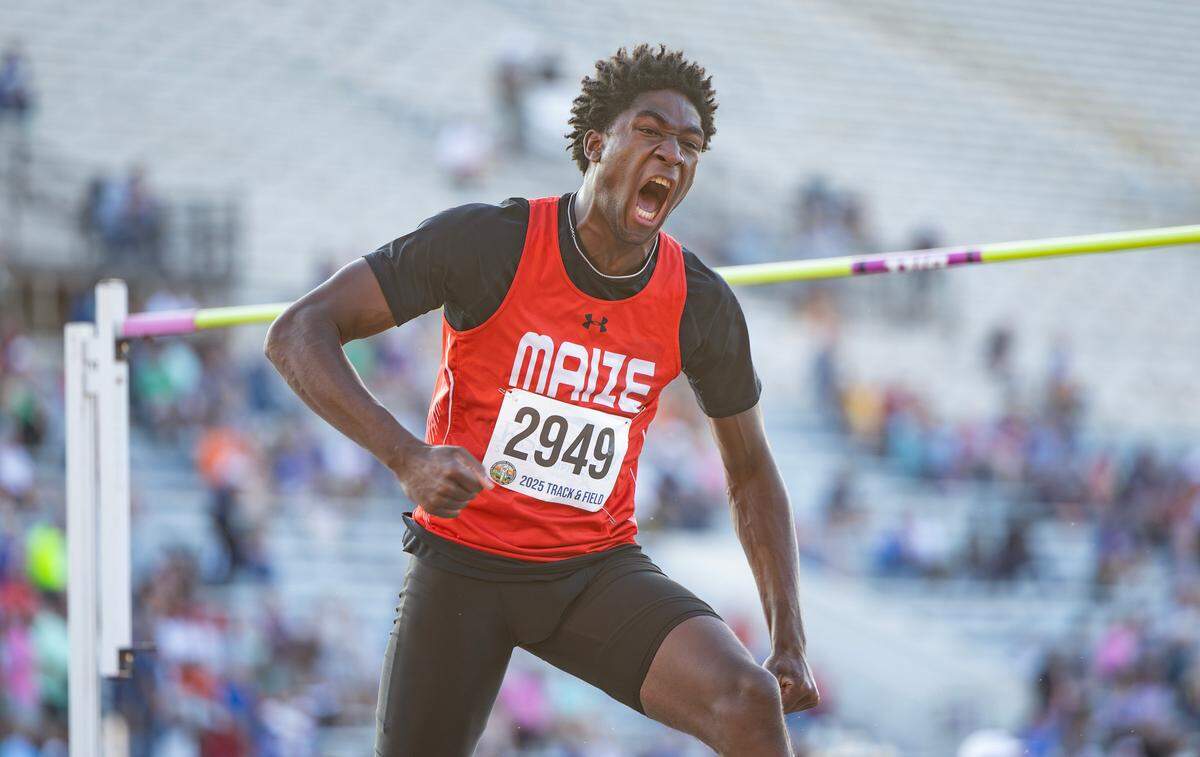 Alan Hanna of Maize set a Kansas state track and field championship high jump record with a jump of 7 feet, 3 and 1/2 inches on May 30, 2025, in Wichita.