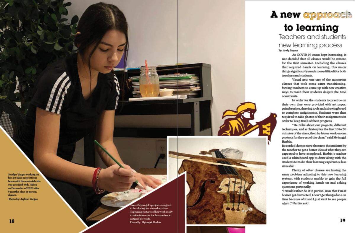 A spread in the 2020-2021 yearbook, The Trail, at Wichita West High School features a story about new approaches to learning during the COVID-19 pandemic.