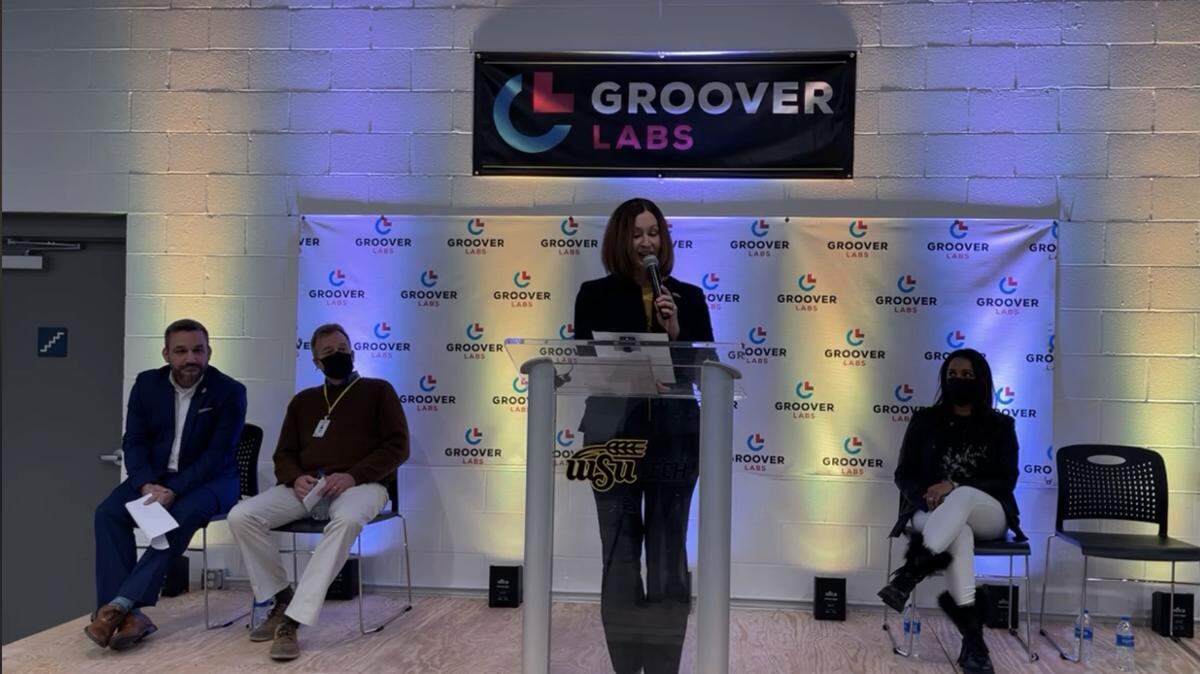 WSU Tech Vice President of General Education and Applied Technologies Jennifer Seymour announces the technical college’s new cloud computing and application development program during a press conference at Groover Labs on Jan. 6, 2022.