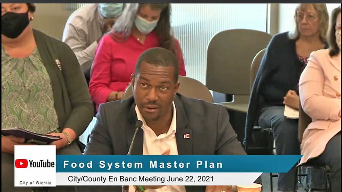 Wichita City Council member Brandon Johnson asks a question during the joint city-county meeting Tuesday in this screenshot from a YouTube video.