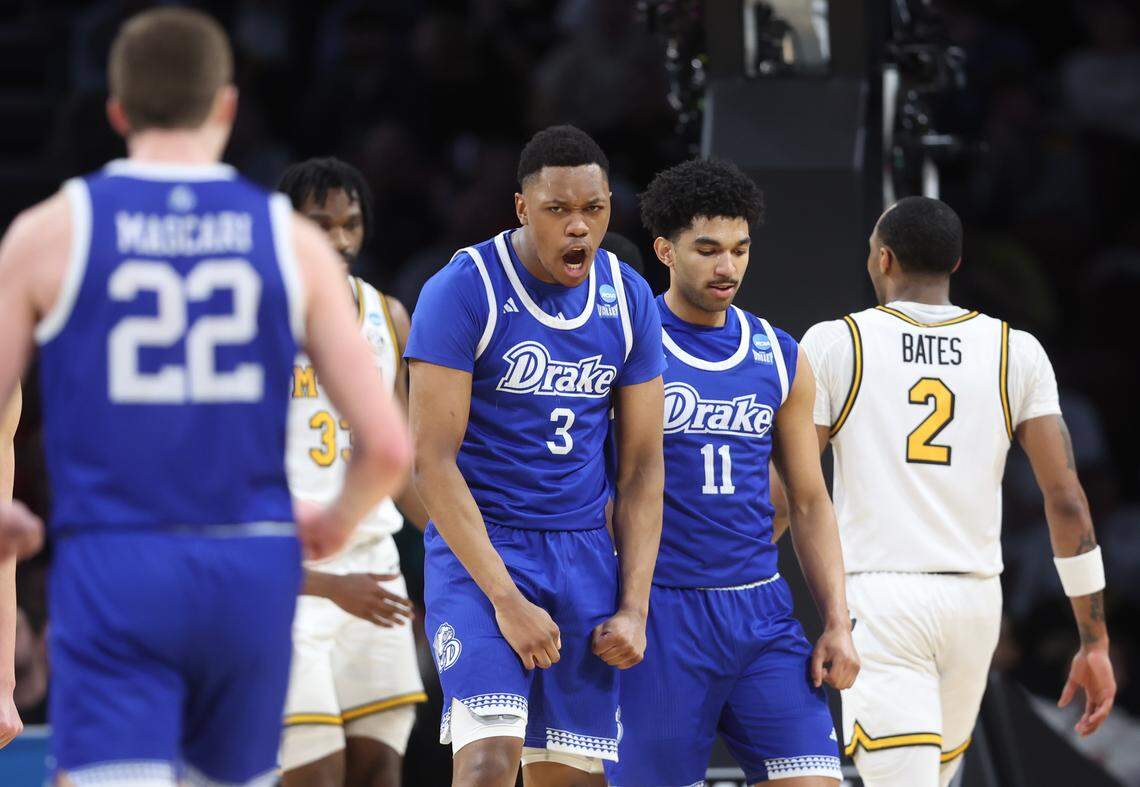 Drake forward Cam Manyawu celebrates a dunk against Missouri during the first half of their NCAA Tournament game in Wichita on Thursday, March 20, 2025.