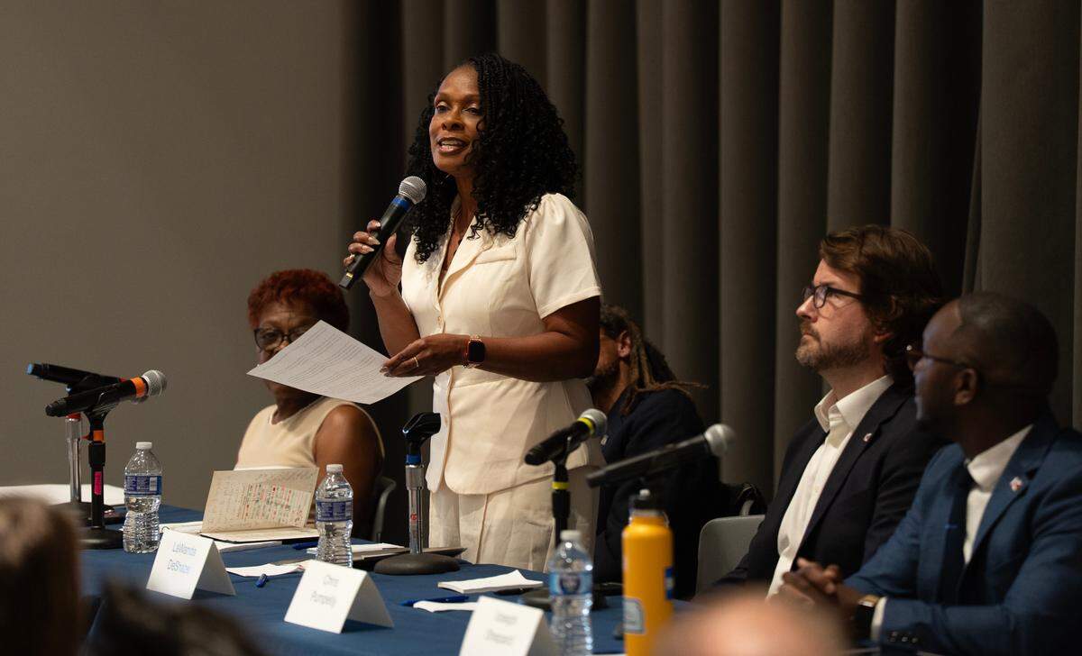 Wichita City Council candidate LaWanda DeShazer answers a question during a District 1 candidate forum July 15 at Wichita State University. The forum was sponsored by the Wichita Journalism Collaborative.