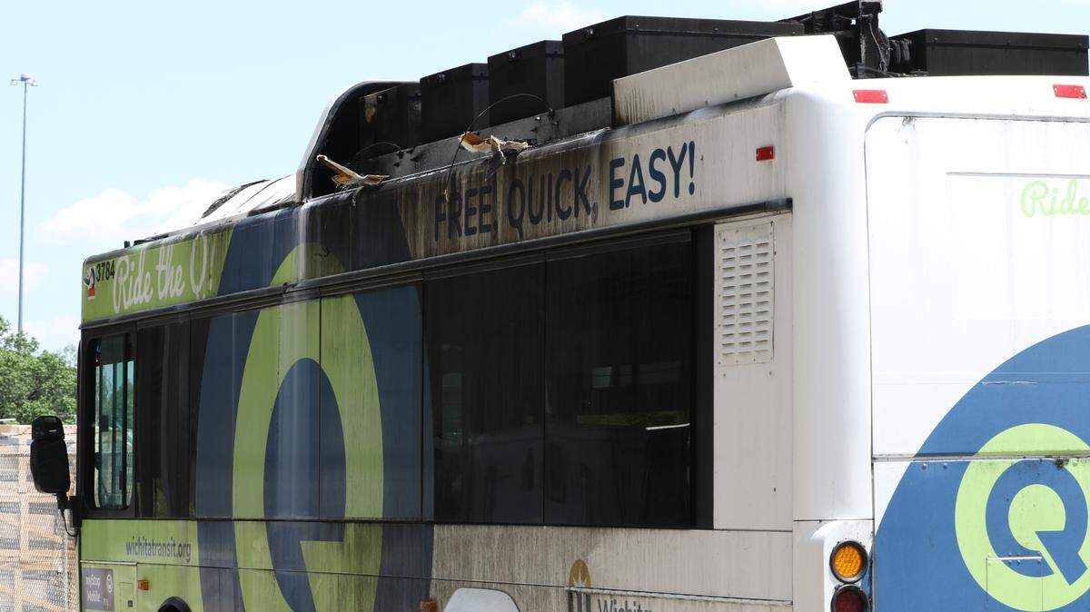 A Wichita city electric bus that caught fire earlier this month sits in the lot of the Wichita transit maintenance building at 777 E. Waterman waiting to be inspected by the manufacturer.