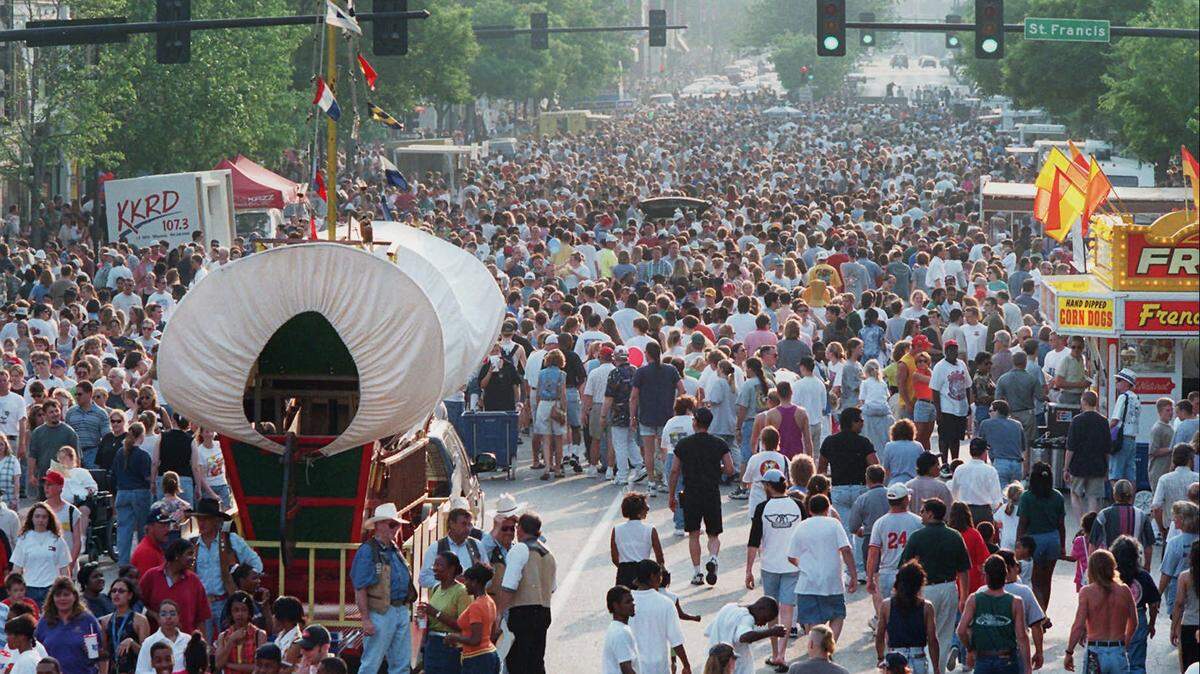 Thousands fill Douglas for the Old Town Block Party during the Wichita River Festival in 1998.
