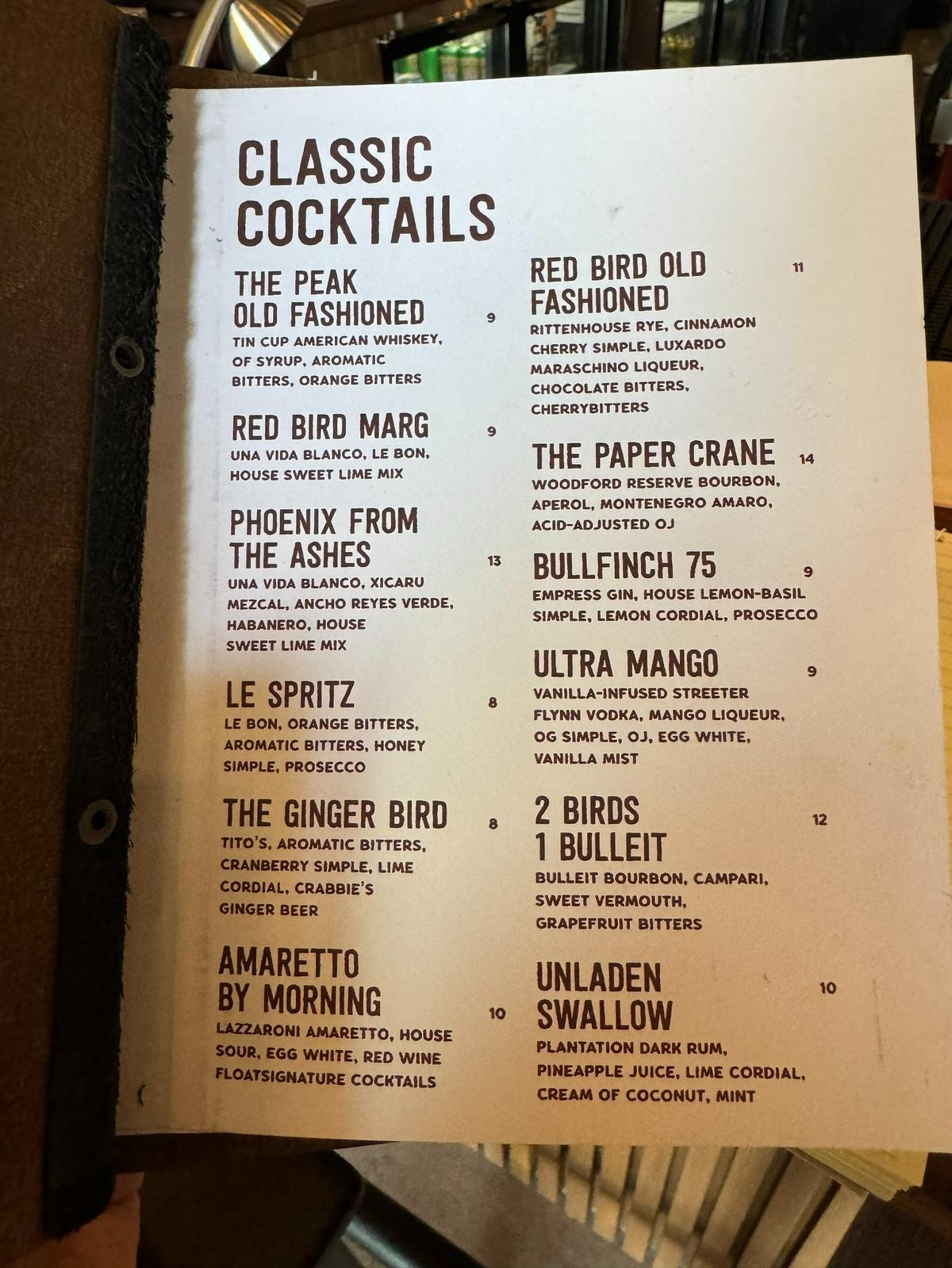 The cocktails menu at Red Bird
