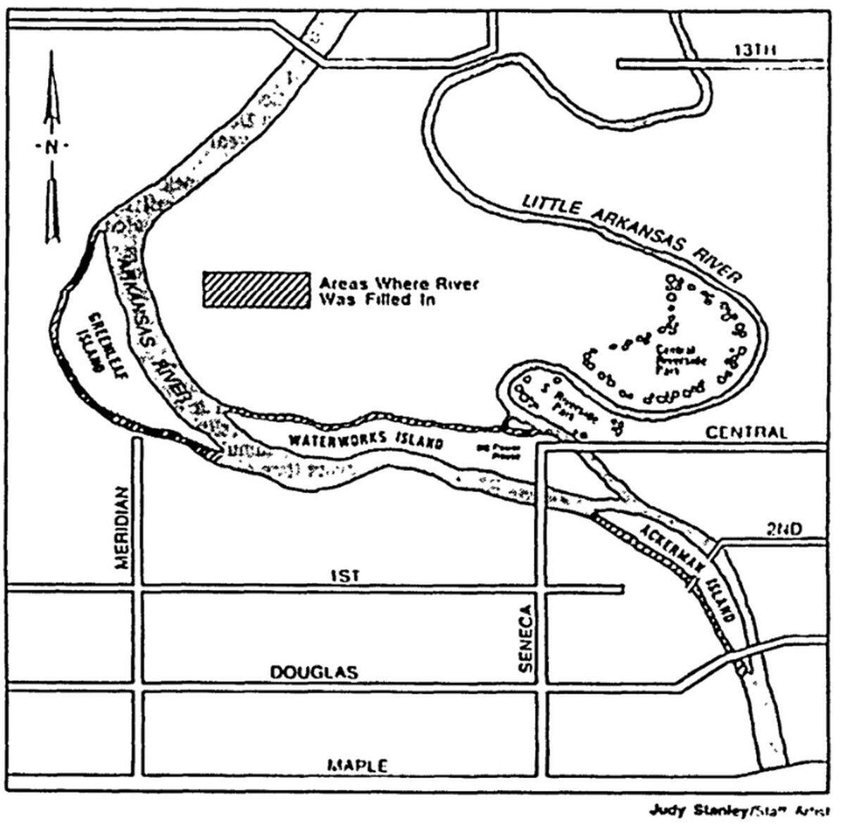 At the turn of the century, the Arkansas River was not as free-flowing as it is today. Ackerman Island was the most significant of the river’s land masses and was connected to the mainland in 1934 as park of a Works Progress Administration program. Waterworks Island, called Lane Island until 1886, was attached to the mainland in roughly 1910, when the river’s northern channel was filled in to create the Central Avenue dam, according to City Historian Bill Ellington. Greenleaf Island, a sandbar northwest of any populated area, was named for Jess W. Greenleaf, an early cattleman and landowner. Two other islands, not pictured, were Malta and Elba, which were to the south of Ackerman. Both were dredged and connected to the mainland, also in 1934.