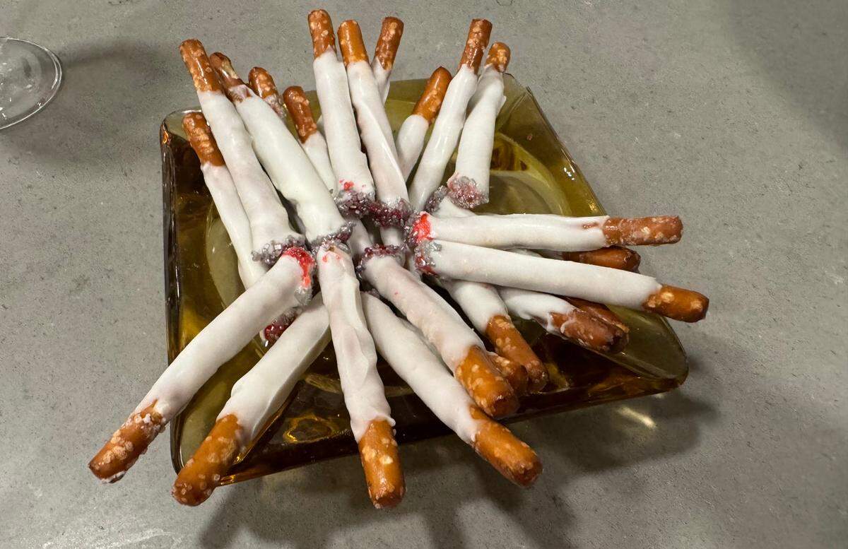 I just had to. Here are my festival edible cigarettes. Ash tray from Goodwill.