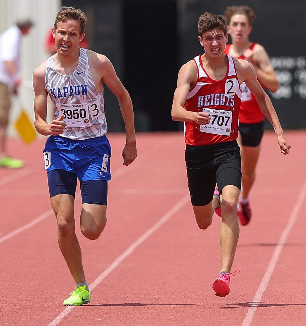 Kapaun Mt. Carmel senior Luke Brock became a two-time state champion in the 1600 by edging Shawnee Heights’ Jackson Esquibel for the 5A title on Saturday.