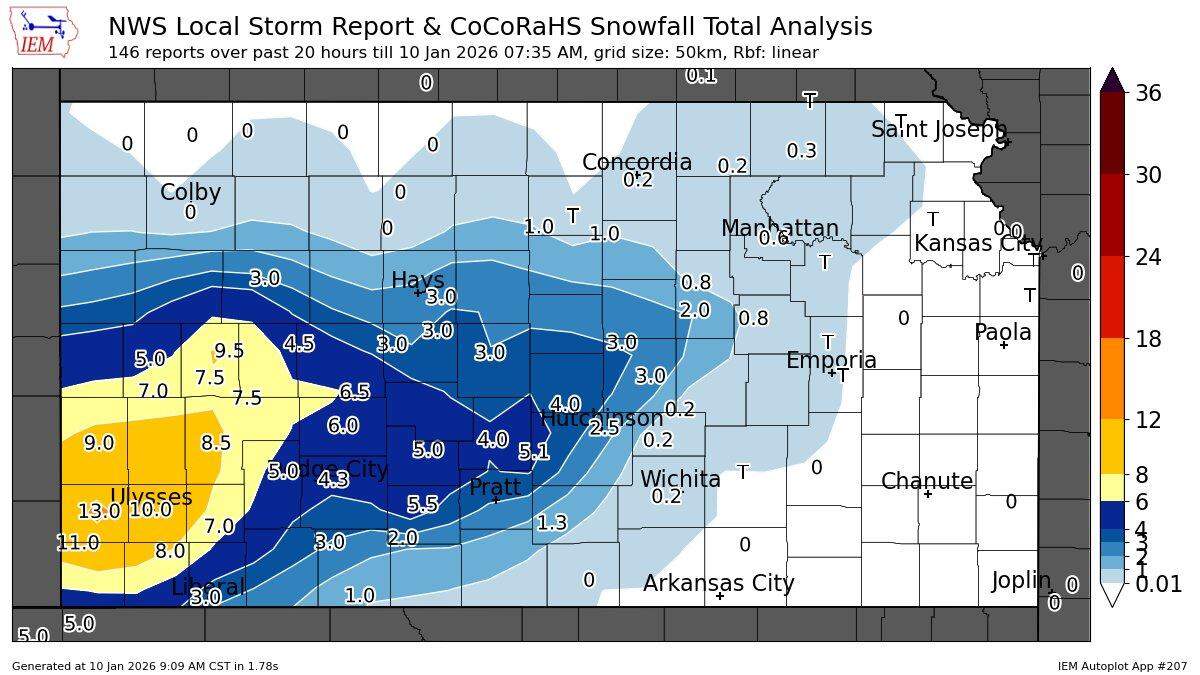 A look at snowfall total, in inches, across the state.