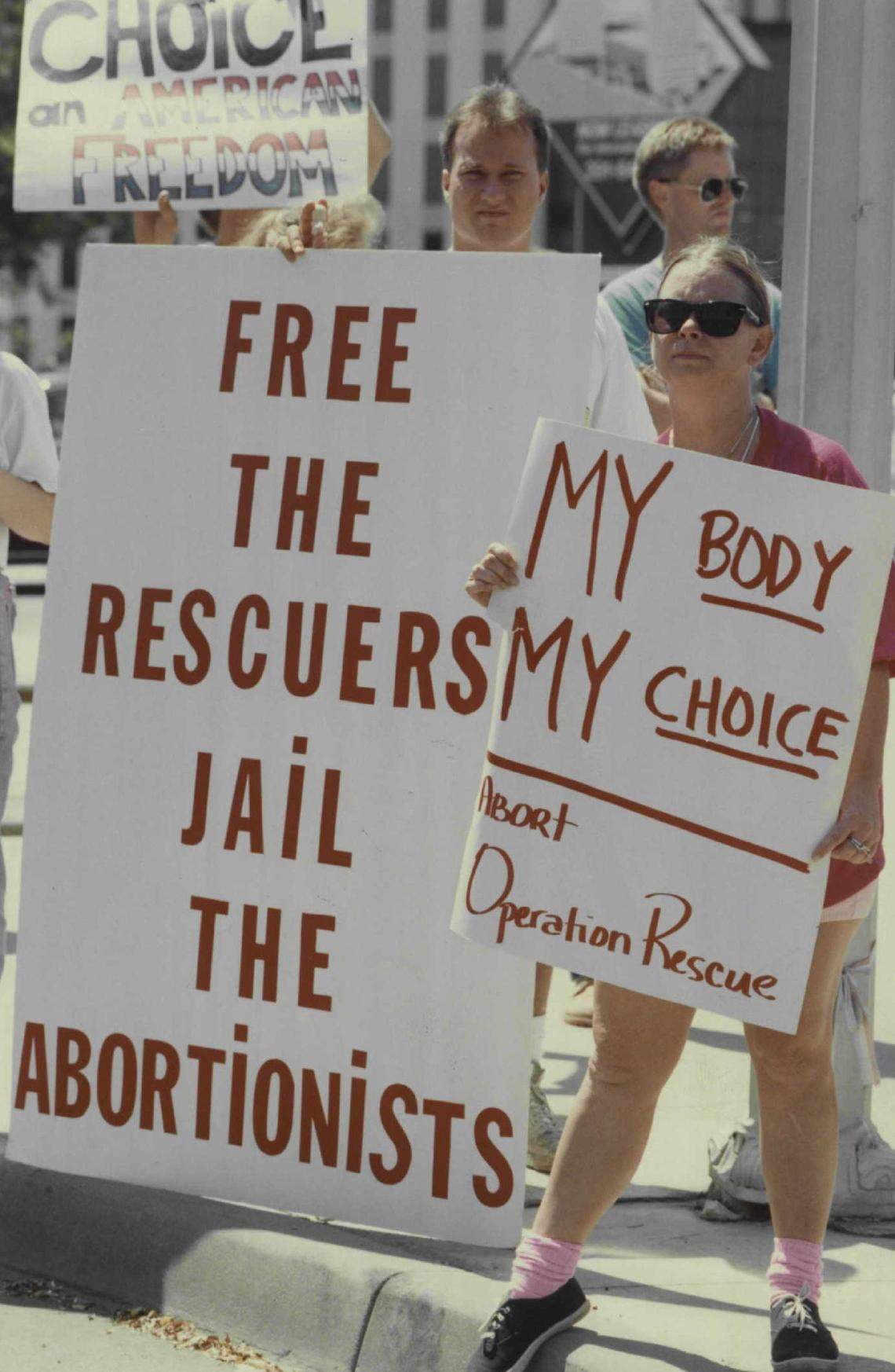 Supporters from both sides of the abortion debate stood side-by-side in downtown Wichita during the summer of 1991 across the street from Operation Rescue’s “pray-in” at Wichita City Hall.