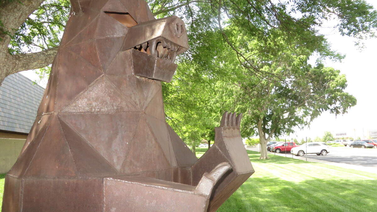 Grizwald Gruffy the Grizzly, Butler Community College's mascot, keeps watch over the campus.