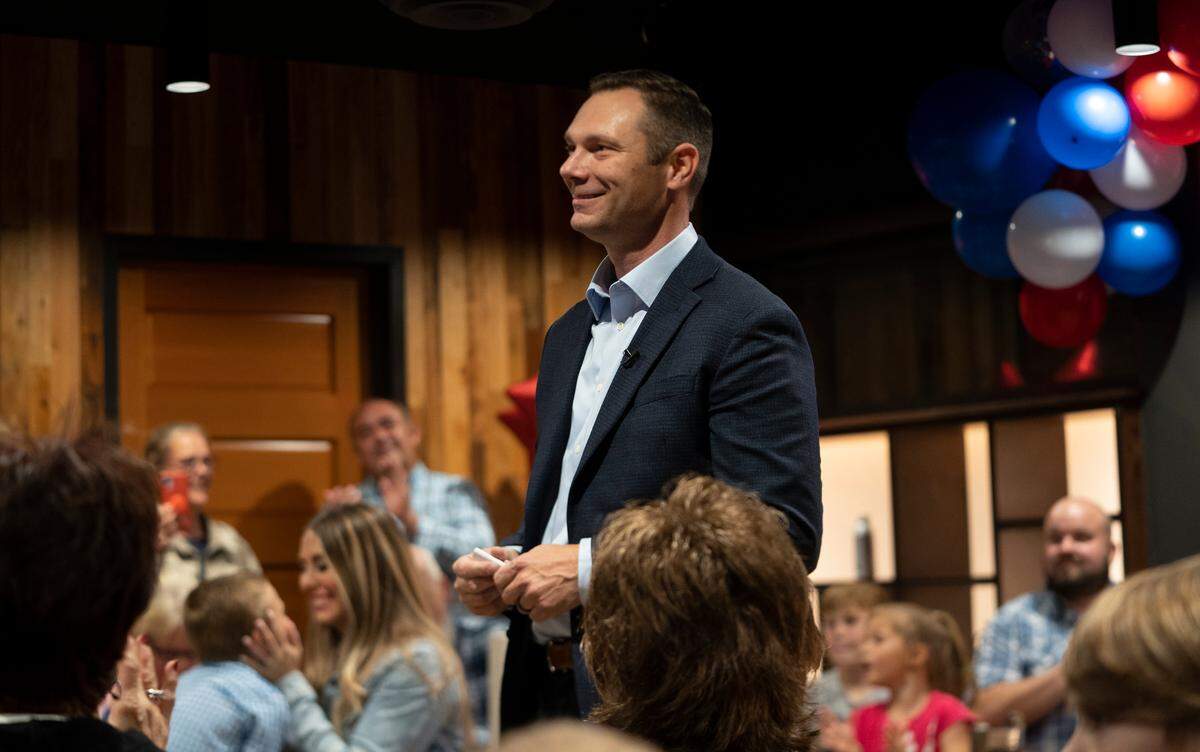 Ryan Baty addresses supporters gathered at Chicken N Pickle. Baty defeated current Sedgwick County Commissioner Lacey Cruse in District 4.