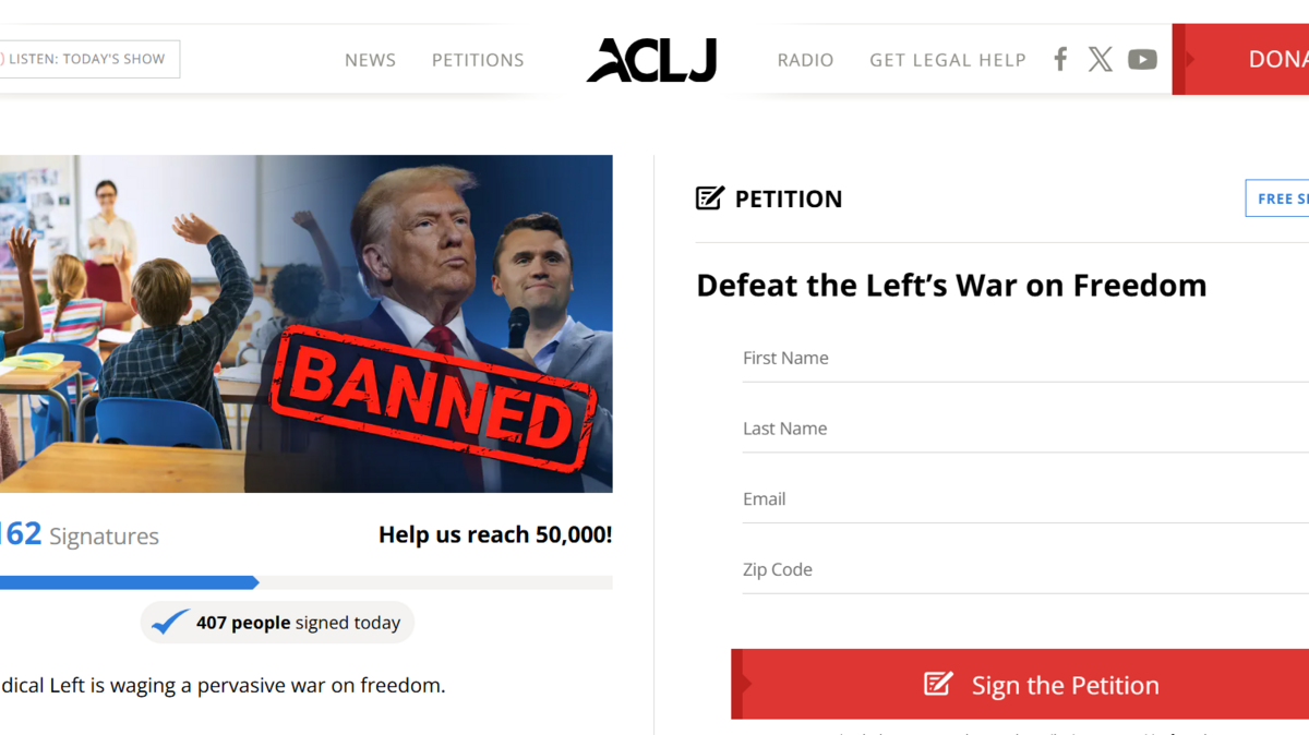 A screenshot showing a petition on the American Center for Law and Justice website about an alleged incident where a Kansas guidance counselor banned students from mentioning Charlie Kirk and President Donald Trump as their heroes.