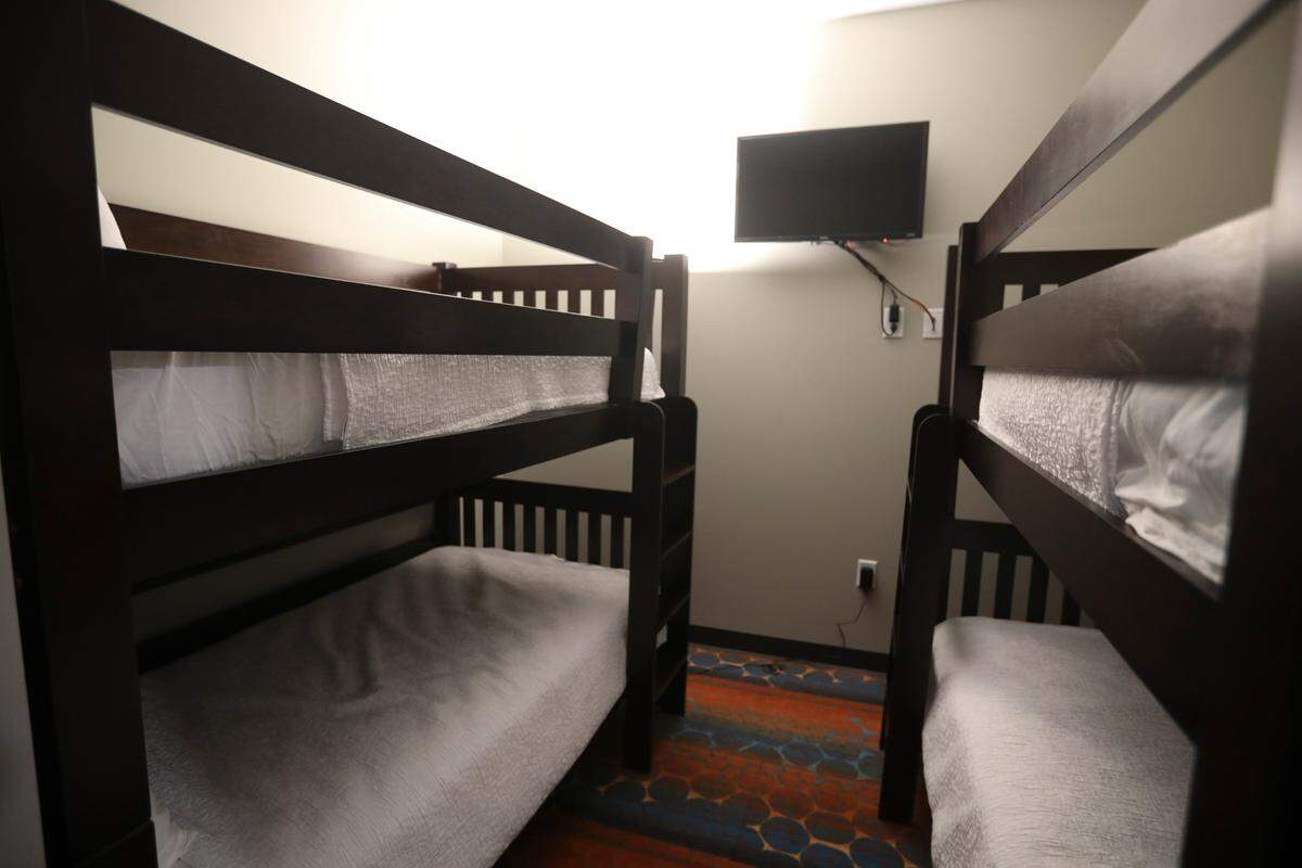 The “bunk suite” at the First Council Casino hotel and water park includes an alcove with four bunk beds.
