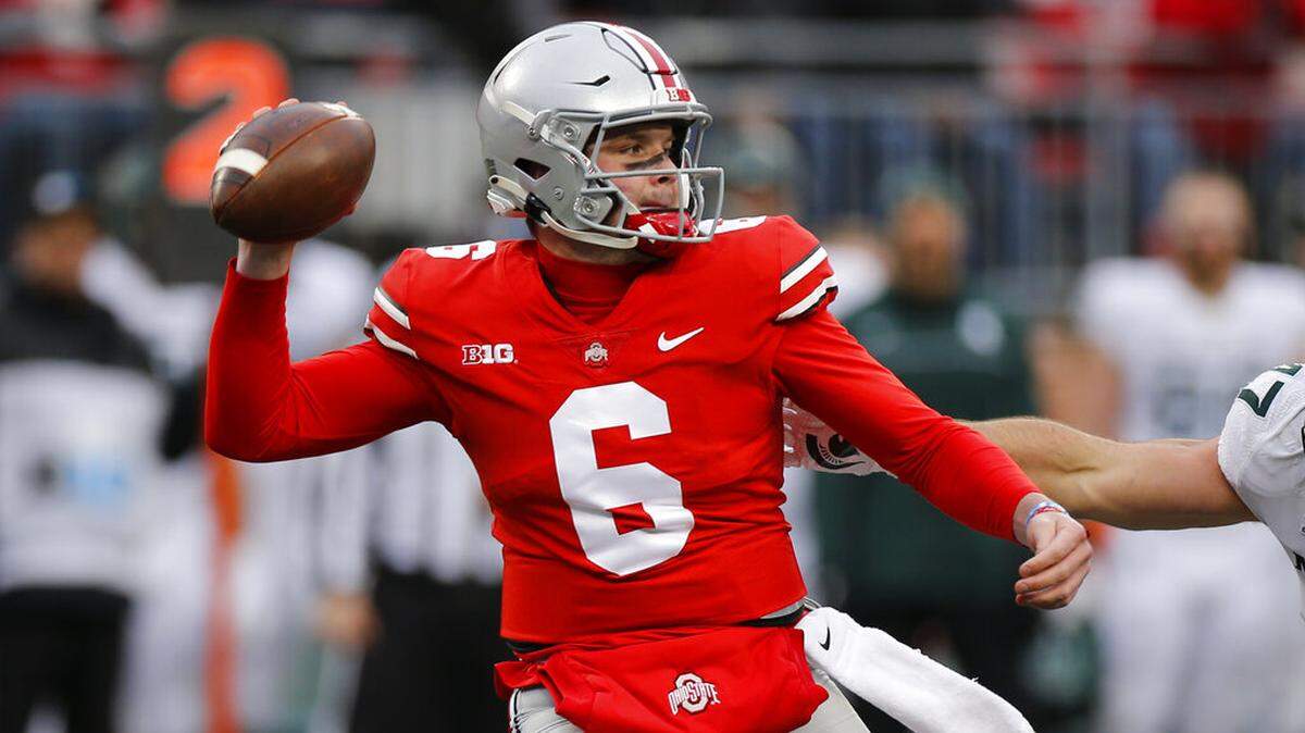 Ohio State quarterback Kyle McCord plays against Michigan State during an NCAA college football game Saturday, Nov. 20, 2021, in Columbus, Ohio. (AP Photo/Jay LaPrete)