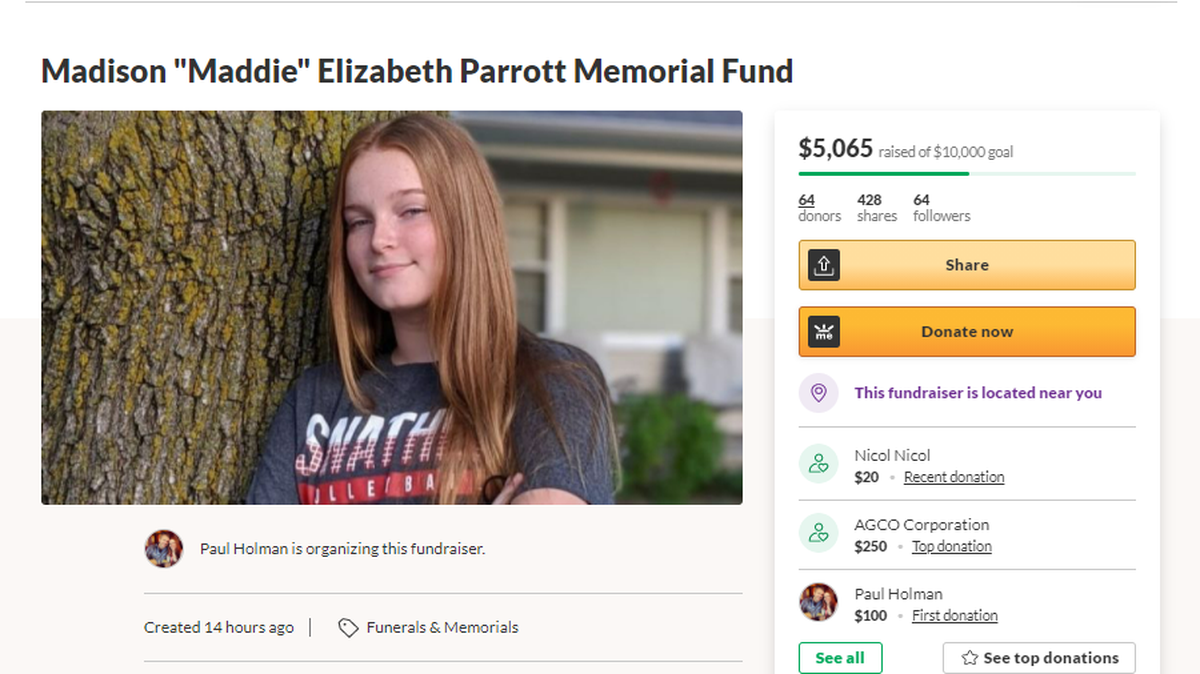 Madison “Maddie” Parrott, 14, died after she was shot at a house in Newton on Sunday.