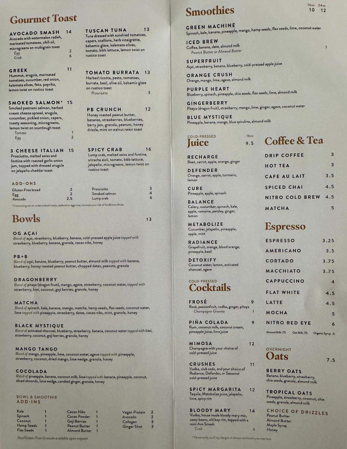 The menu at Toastique