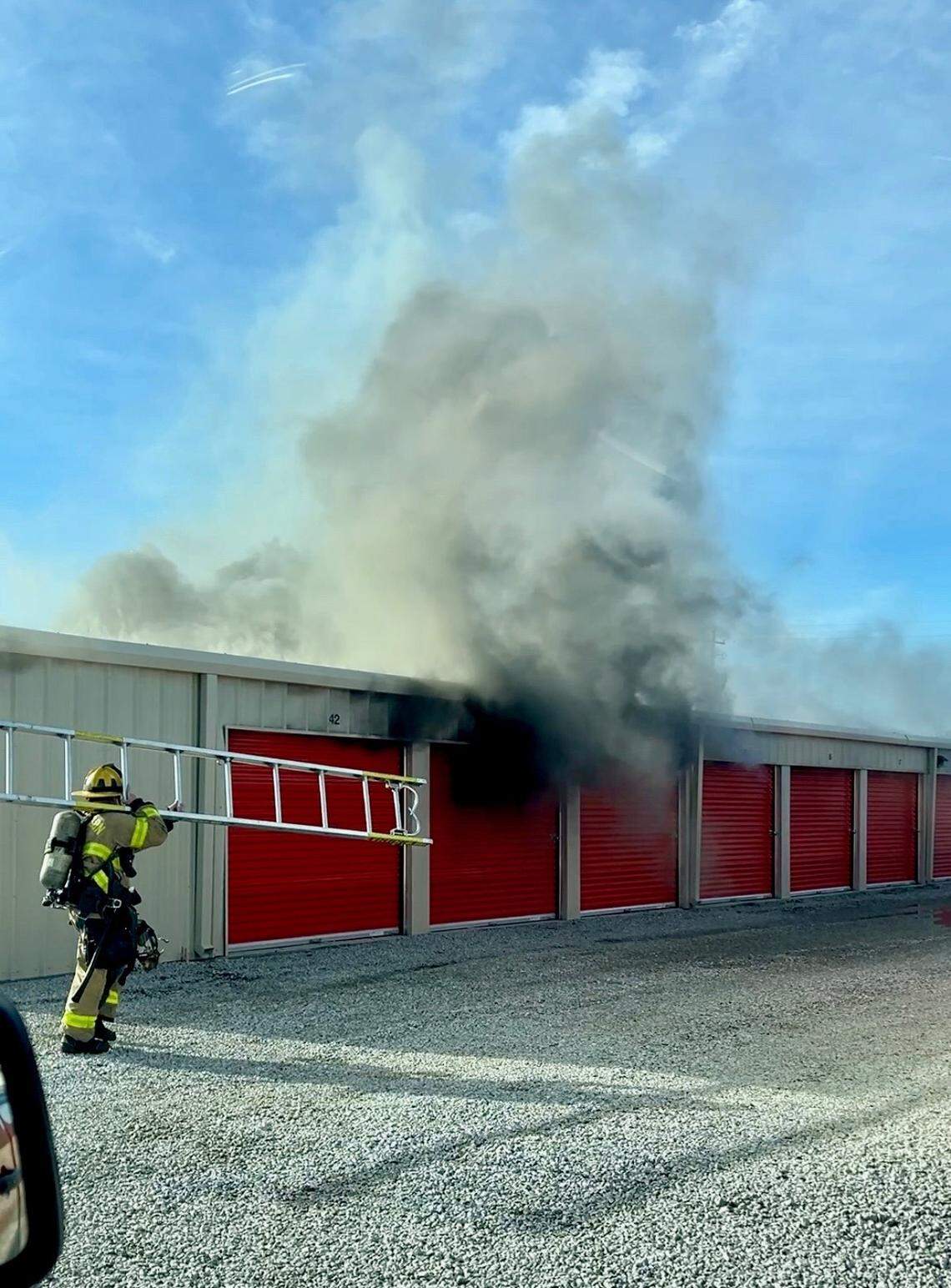 Smoke was visible at a Hutchinson storage unit facility Tuesday as authorities responded to a fire call.