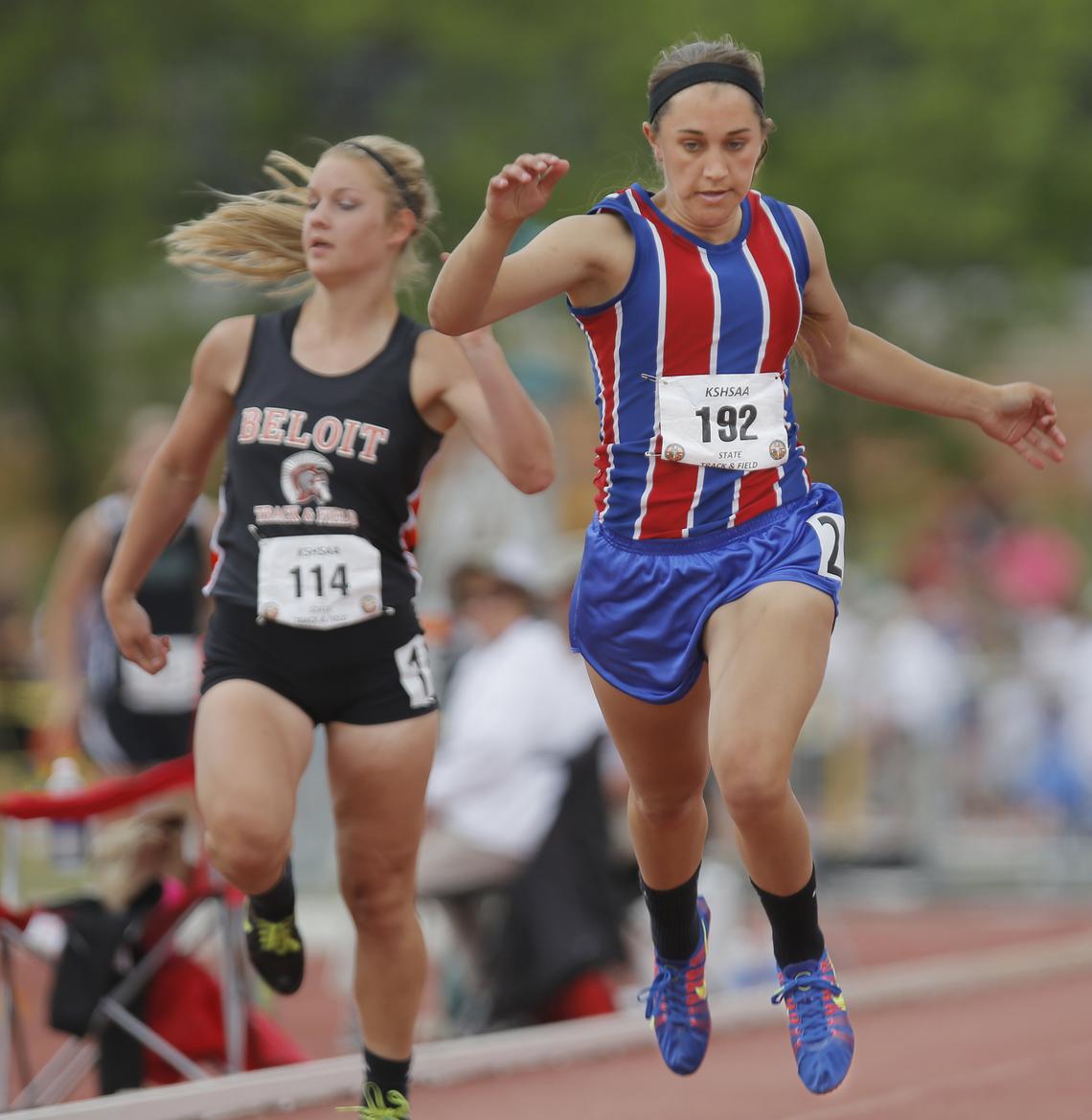  Cheney's Taylor Needham , right, competes in the 3A 100 meter dash at the 2013 Track and Field State Championships at Cessna Stadium Saturday. Needham fisnished in 3rd place. (May 25, 2013)