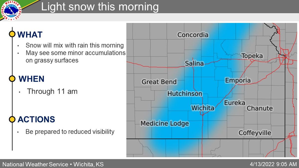 The National Weather Service in Wichita is forecasting a light snow Wednesday morning. It reached nearly 90 degrees on Tuesday.