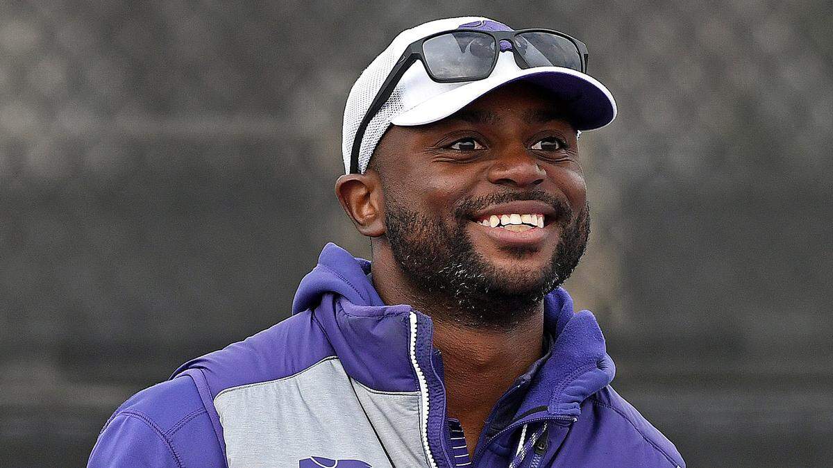 K-State's associate head coach Jordan Smith competes against Missouri State at Mike Goss Tennis Stadium in Manhattan, Kansas on March 18, 2018.