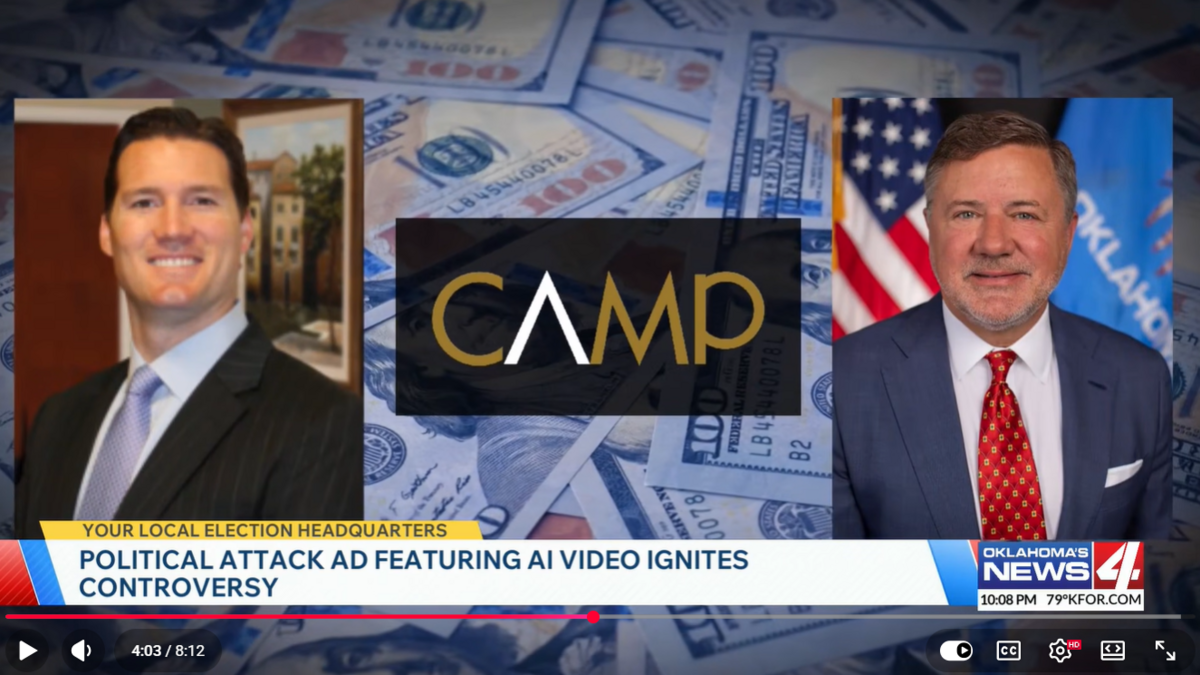 This screenshot from KFOR-TV in Oklahoma City shows Jarred Brejcha, left, who founded and runs a PAC that ran a deceptive ad with deepfake video created by artificial intelligence in an effort to boost the gubernatorial campaign of Gentner Drummond, right.