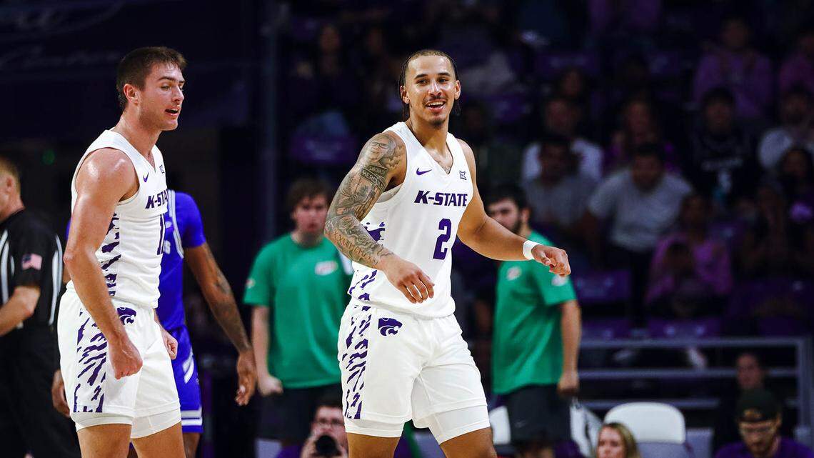 Kansas State basketball players Max Jones and Brendan Hausen take the floor against New Orleans at Bramlage Coliseum on Nov. 5, 2024.