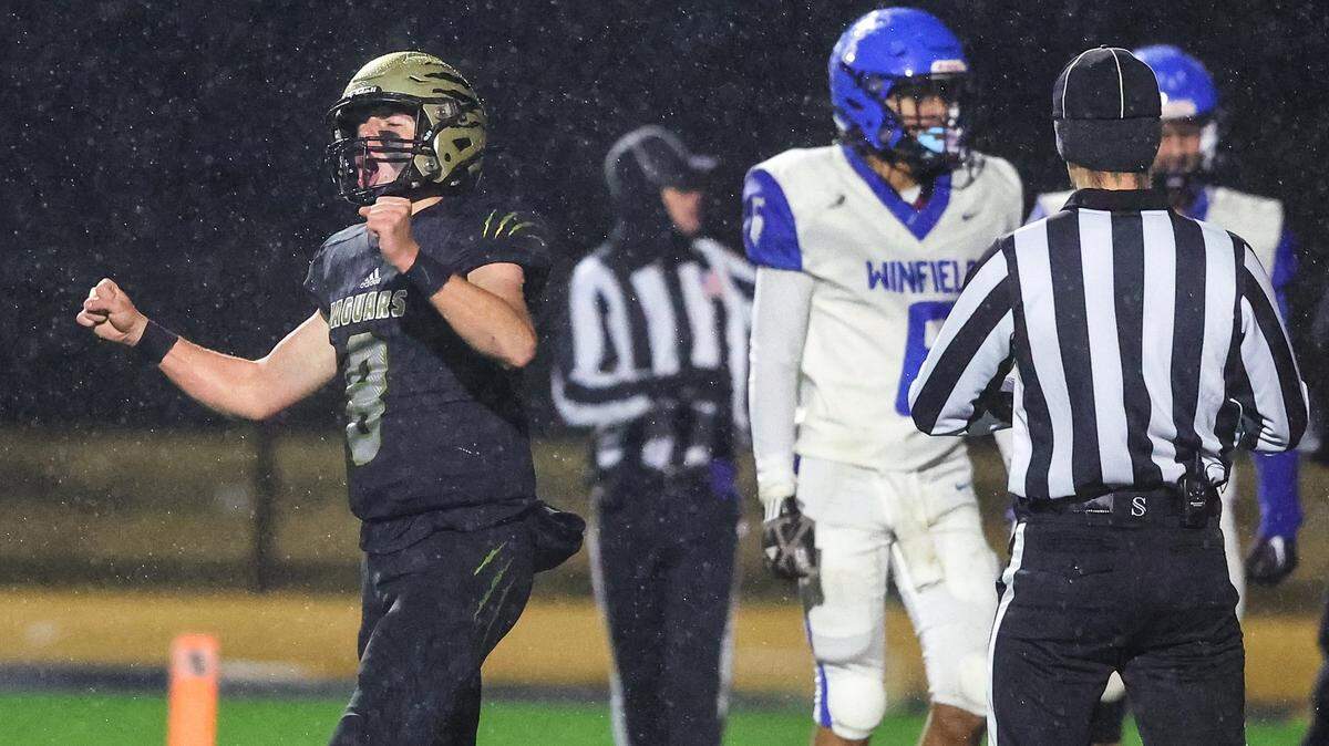 Andover Central senior quarterback Braden Barscewski celebrates the Jaguars’ victory over Winfield to advance to the Class 4A quarterfinals, where they will travel to Wamego this coming Friday.
