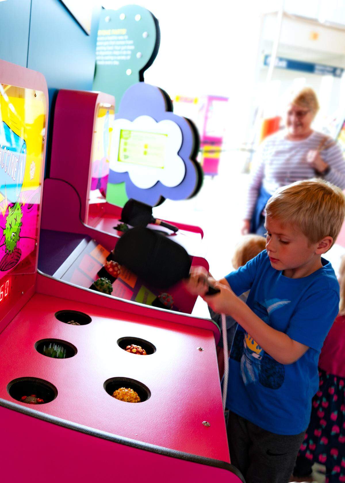 Health Inside Out, Exploration Place’s new permanent display, allows visitors to try and whack a virus. More than three years in the making, the $1.5 million exhibition consists of 16 arcade-style games located in the attraction’s 3,500-square-foot Great Hall.