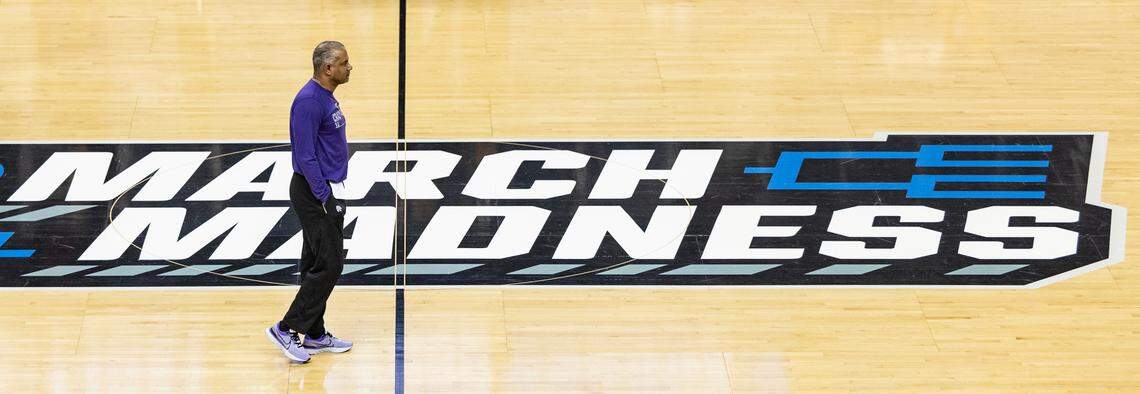 Kansas State head coach Jerome Tang paces the court during practice at the Greensboro Coliseum ahead of a first-round NCAA Tournament matchup against Montana State in 2023.