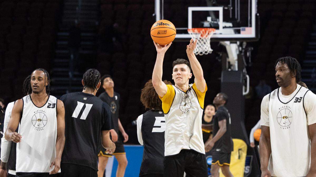 Missouri’s Caleb Grill shoots during the team’s open practice on Wednesday, March 19, 2025, in Wichita. Grill played at nearby Maize High School.