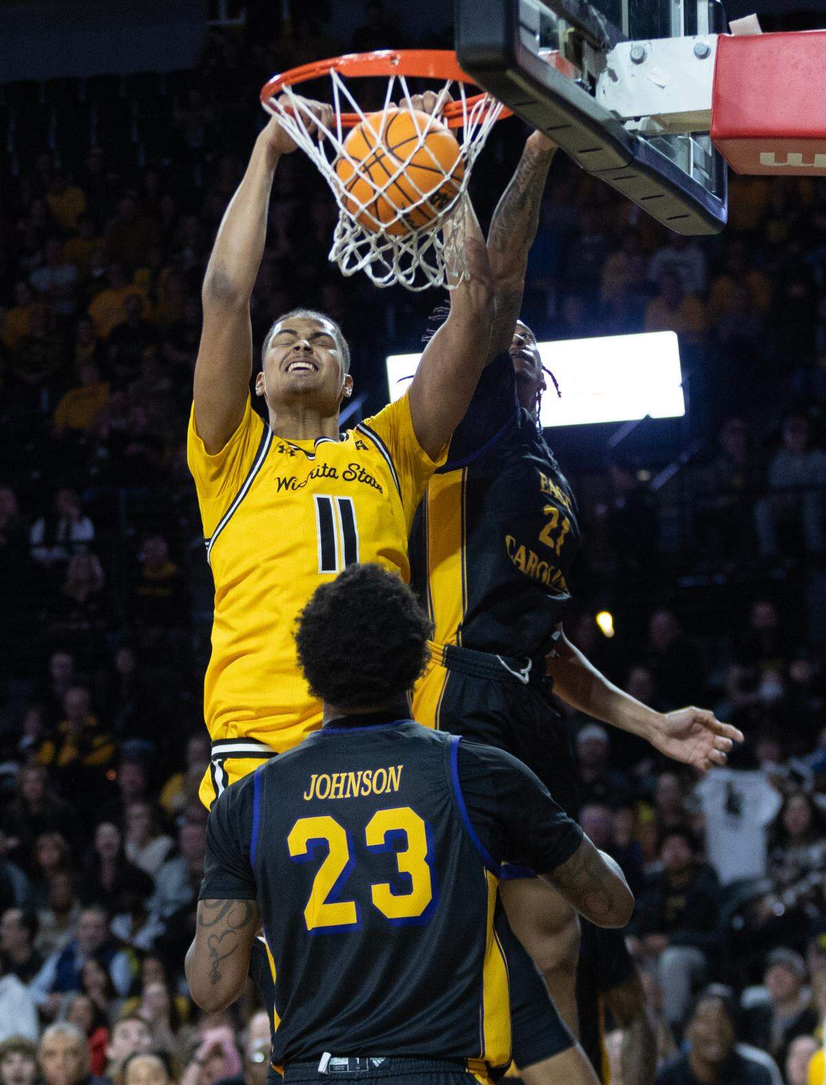 Wichita State’s Kenny Pohto dunks the ball during the second half of their 79-69 loss to East Carolina on Saturday at Koch Arena. 