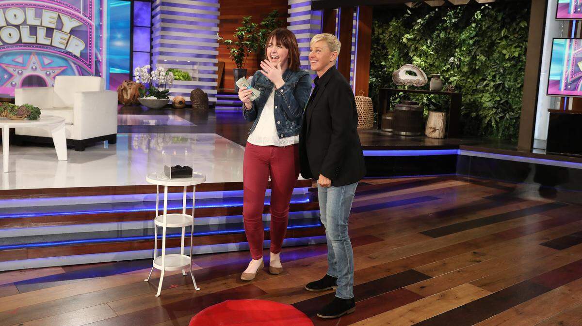 Ellen DeGeneres helped teacher Addy Tritt from Hays, Kansas, win $10,000 in a game of “Holey Roller.”