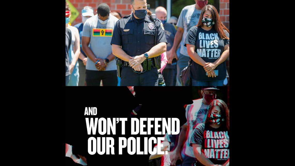 The top photograph, taken on May 30, 2020 by Wichita Eagle photographer Travis Heying, shows County Commission candidate Sarah Lopez with Wichita Police Chief Gordon Ramsay during a moment of prayer at a peaceful gathering after the death of George Floyd. The photo at the bottom was used, without permission, by Lopez’s opponent, Michael O’Donnell, and the Kansas Republican Party, in an altered form to suggest that Lopez is anti-police.