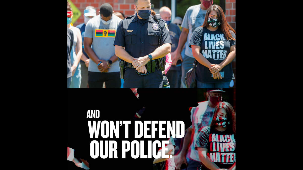 The top photograph, taken on May 30, 2020 by Wichita Eagle photographer Travis Heying, shows County Commission candidate Sarah Lopez with Wichita Police Chief Gordon Ramsay during a moment of prayer at a peaceful gathering after the death of George Floyd. The photo at the bottom was used, without permission, by Lopez’s opponent, Michael O’Donnell, and the Kansas Republican Party, in an altered form to suggest that Lopez is anti-police.