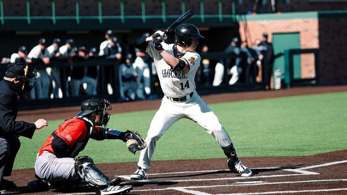 Wichita State’s David VanVooren takes an at-bat against No. 13 Arizona in the Shockers’ 10-9 victory on Friday night in Tucson.